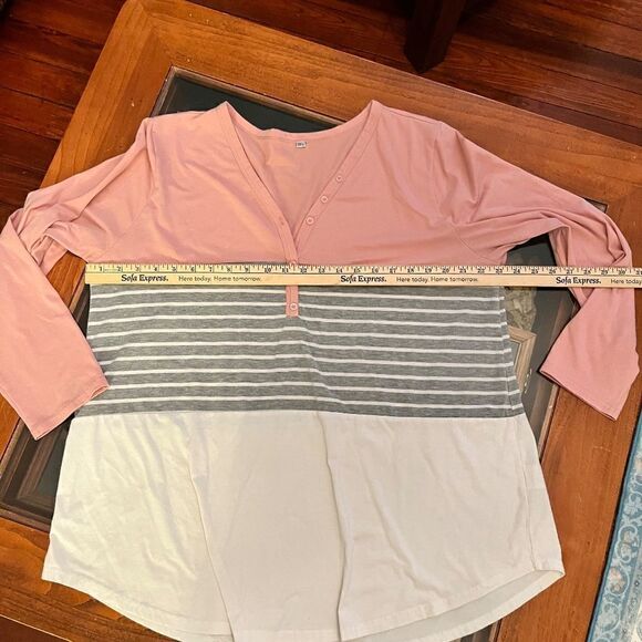 Pink Block Long Sleeve Top Button Up Gray White 2XL - Picture 3 of 12